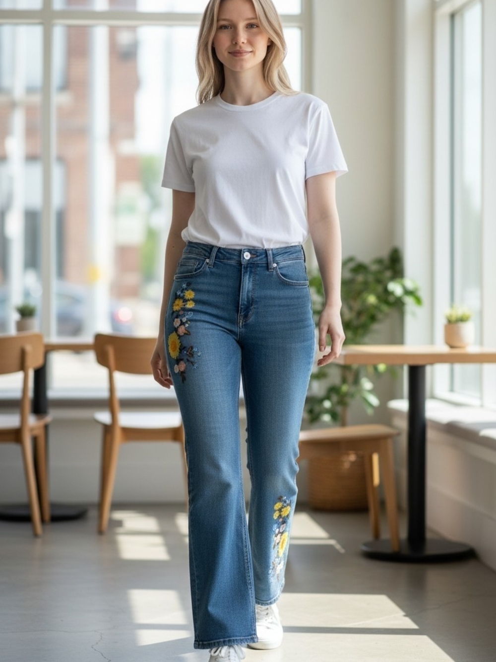 NWT Flamingals Floral Embroidered Wide Leg Jeans Medium Blue High Waisted Boho - Picture 4 of 14